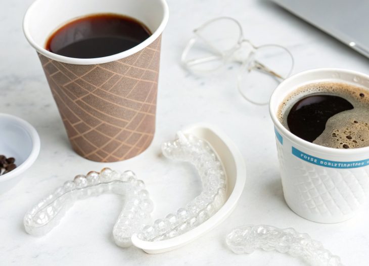Editorial hero image illustrating Coffee with Invisalign vs Without: What It Does to Your Aligners and Teeth for a Dentist brand.